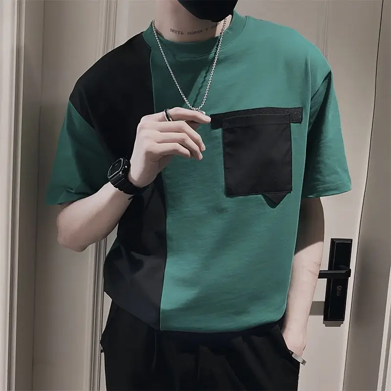 Fashion O-Neck Pockets Spliced Korean Short Sleeve T-Shirts Men Clothing 2024 Summer New Loose All-match Tops Casual Tee Shirt