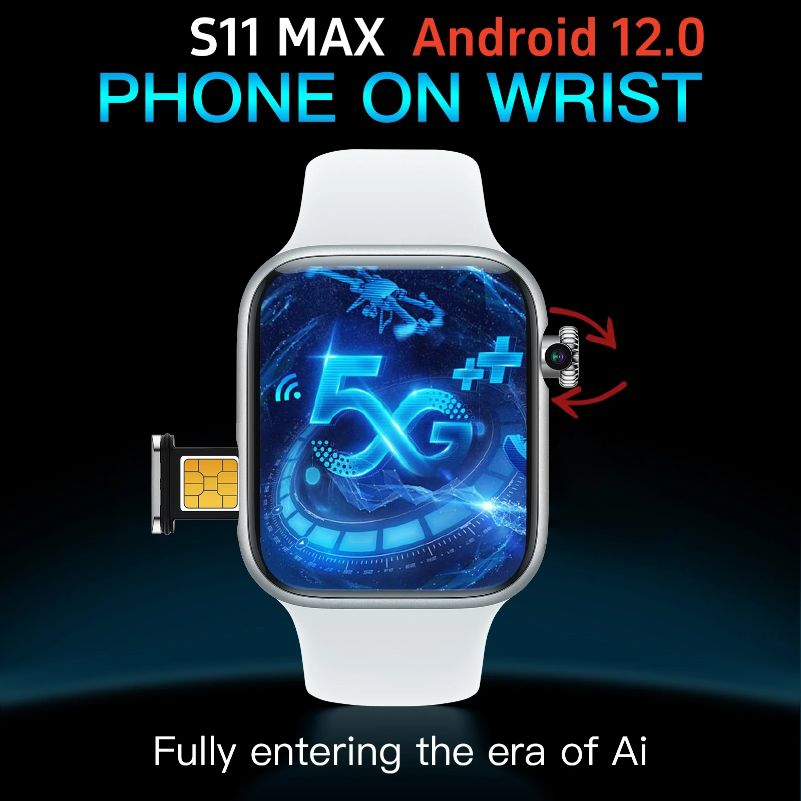 

Смарт-часы Watch 11 Ai 5G LTE с экраном 2,29 дюйма, Android 13.0, Touch ID, вращающейся камерой 800W, GPS, Wi-Fi и слотом для SIM-карты