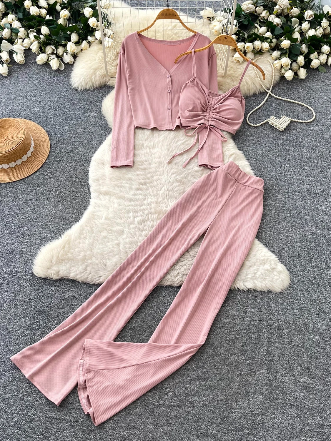 Ladies Knitted Open Cardigan Sweater Top Wide Leg Pants Three Piece Set Autumn Slimming Commute Style Fashionable Casual Wear