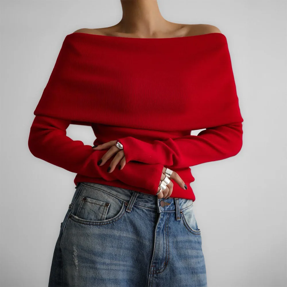 

2026 Women's New Casual Slim Daily Solid Color Long-sleeved Knitted Bottoming Shirt One-shoulder Sexy Off-shoulder Top for Women