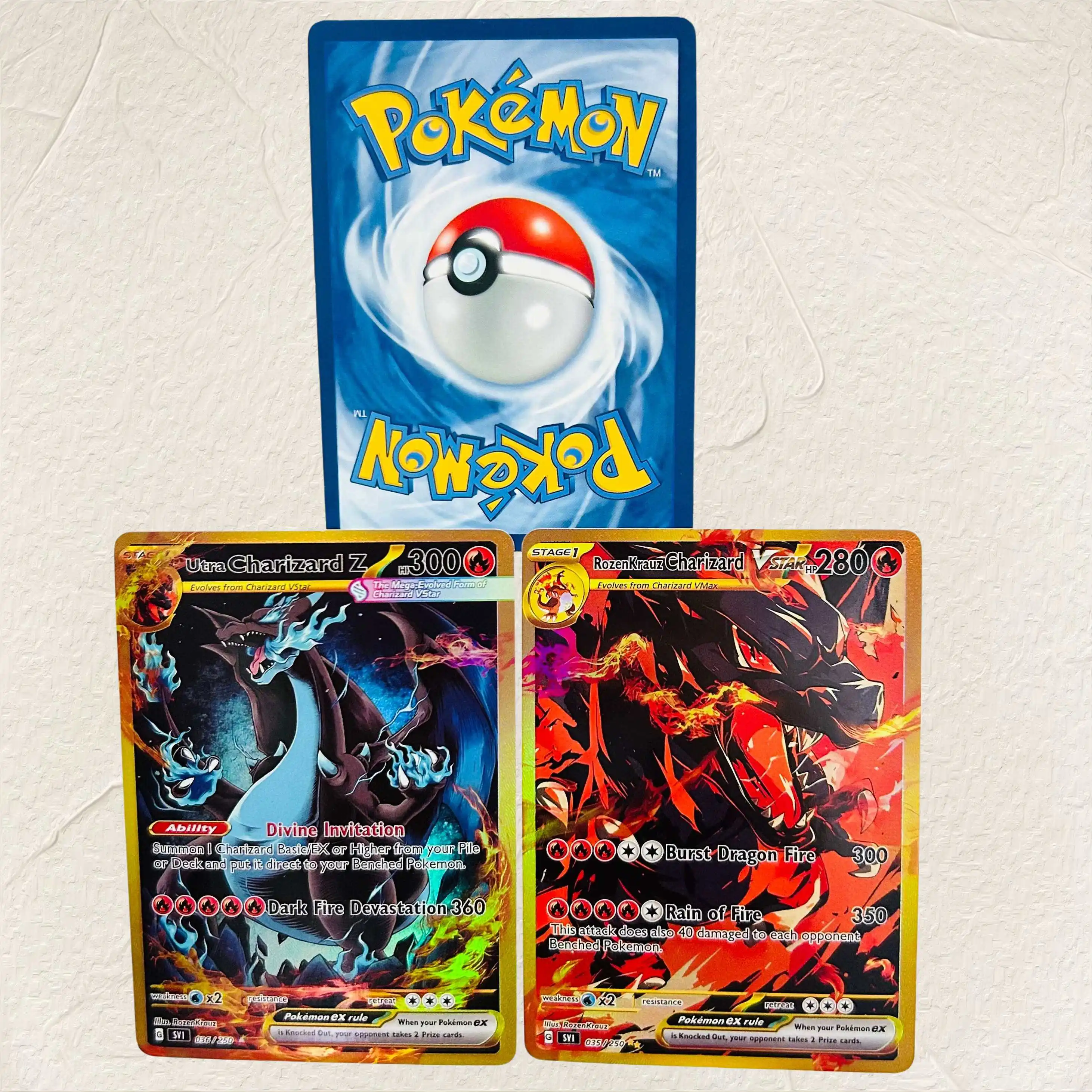 Tarjetas Coleccionables de Anime de Primera Calidad con Textura Metálica de Charizard Z Rozenkreuz, Versión en Español, 2 Piezas
