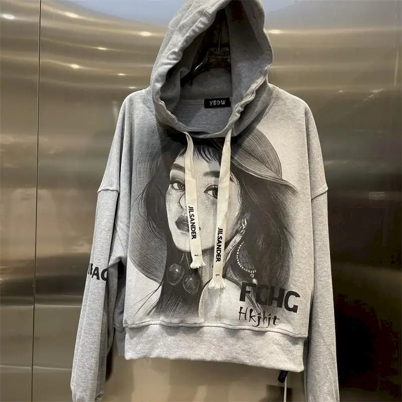 Oversized Hoodies Women Fashion Portrait Sketch Printed Hoodie Casual Loose Pullover Hooded Jackets Spring Autumn Trend Y2k Coat