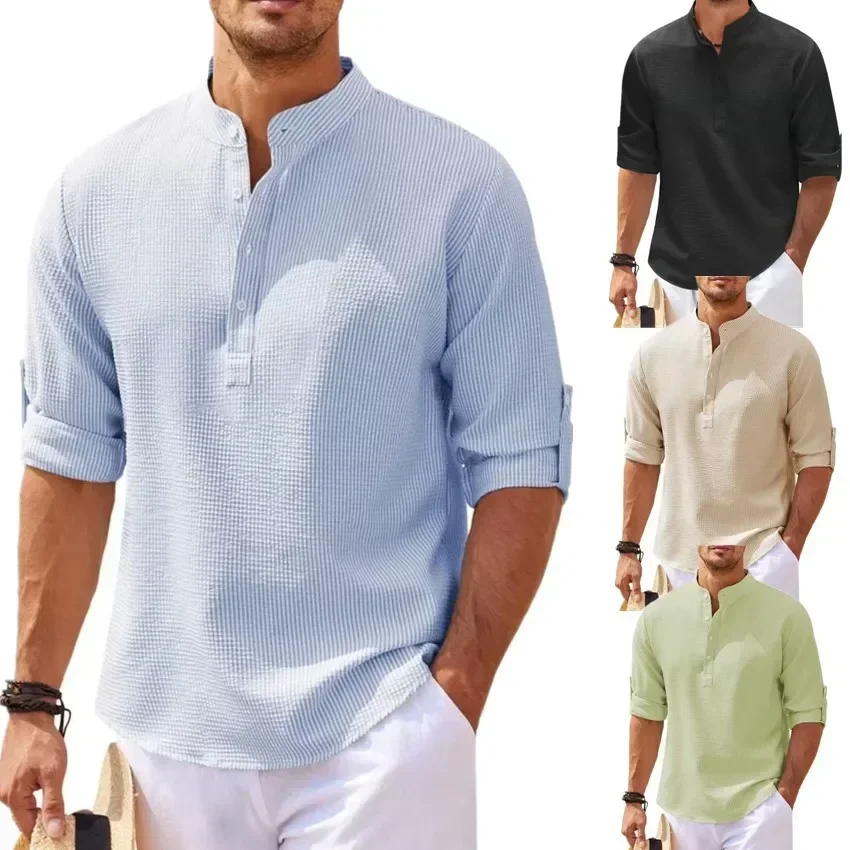 Coton Lin Vente Chaude Hommes À Manches sulfChemises Printemps Automne Solide document Col Montant Casual Plage Style Plus La Taille S-5XL