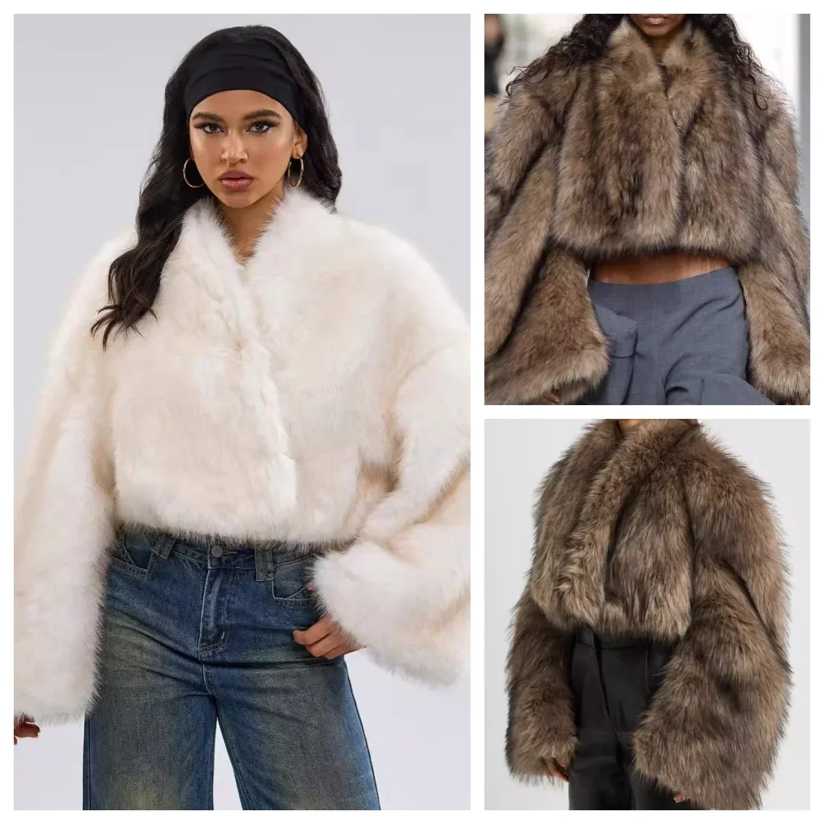 Mantel Bulu Imitasi Vintage Pendek Wanita Retro Tebal Manset Lebar Kancing Mantel Bulu Solid Wanita Musim Dingin Hangat Chic Pakaian Luar Gaya High Street