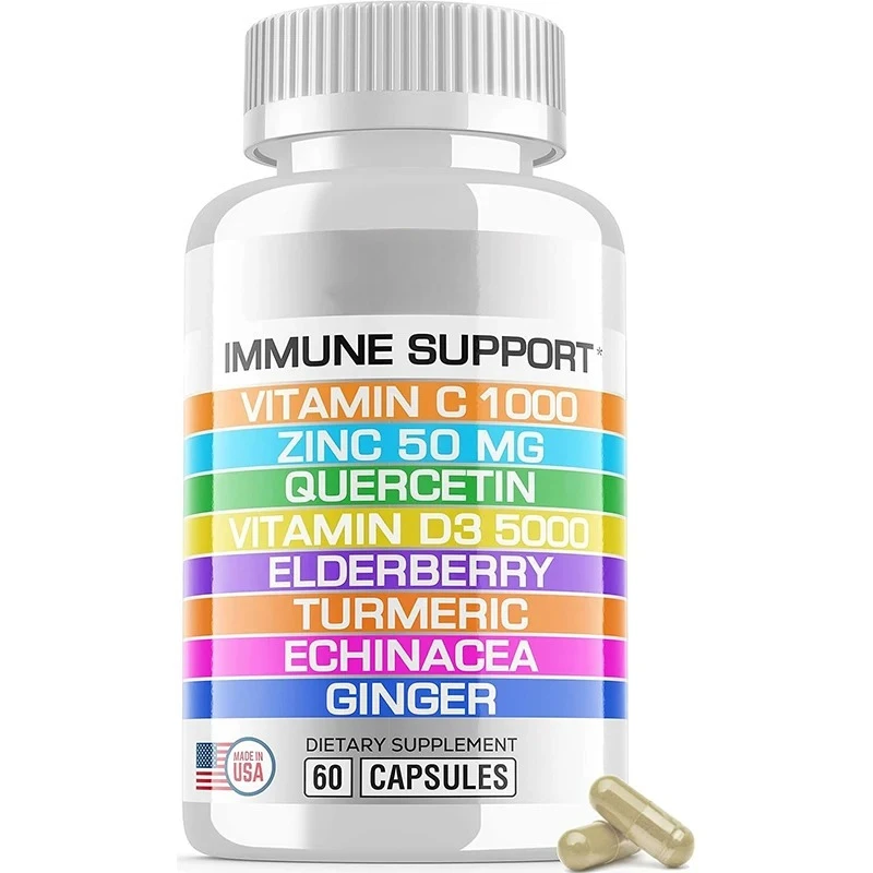 

Имунная поддержка 8-в-1, содержащая 50 мг центротинового цинка, 1000 мг капсул витамина С и витамина D3-60