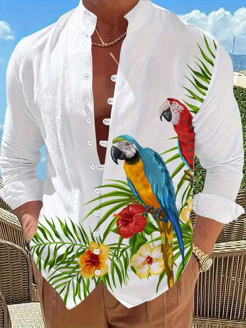 New Men's Long Sleeve Plants Flowers Birds Shirt 3D Printed Pattern Long Sleeve Clothing Fashion Business Casual Soft Fabric Top