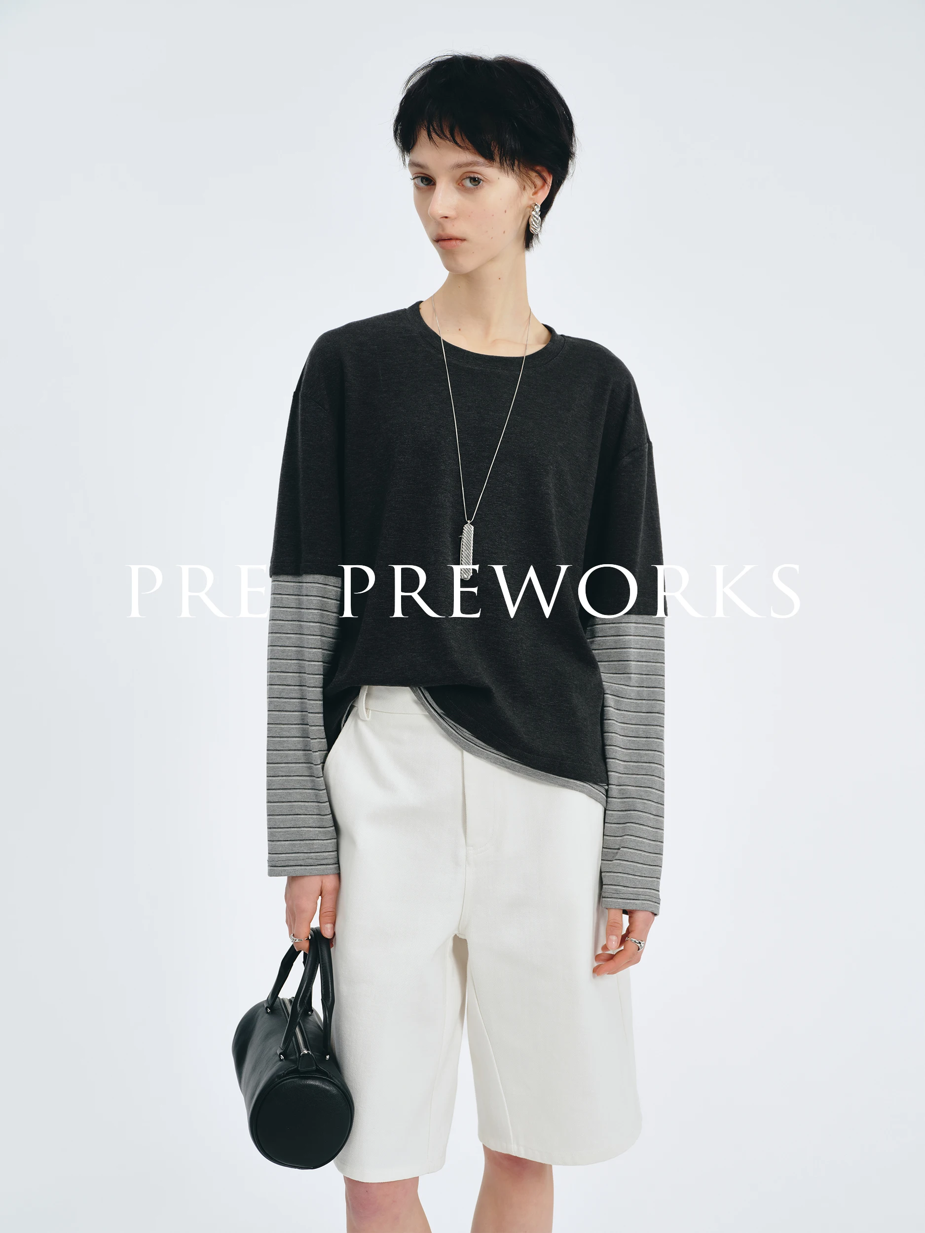 Modern Retro Contrast Color Block Fake Two-Piece T-Shirt Casual Long Sleeve Top for Women Vintage Style round Neck Stripe Pat...