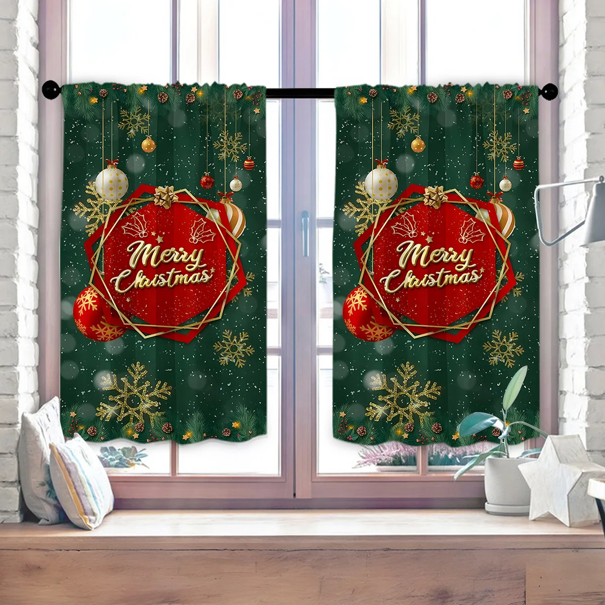 VIKAMA 2PCS Christmas Kitchen Valance Waterproof Oil Proof Short Window Topper Curtain for Bedroom Living Room Decor