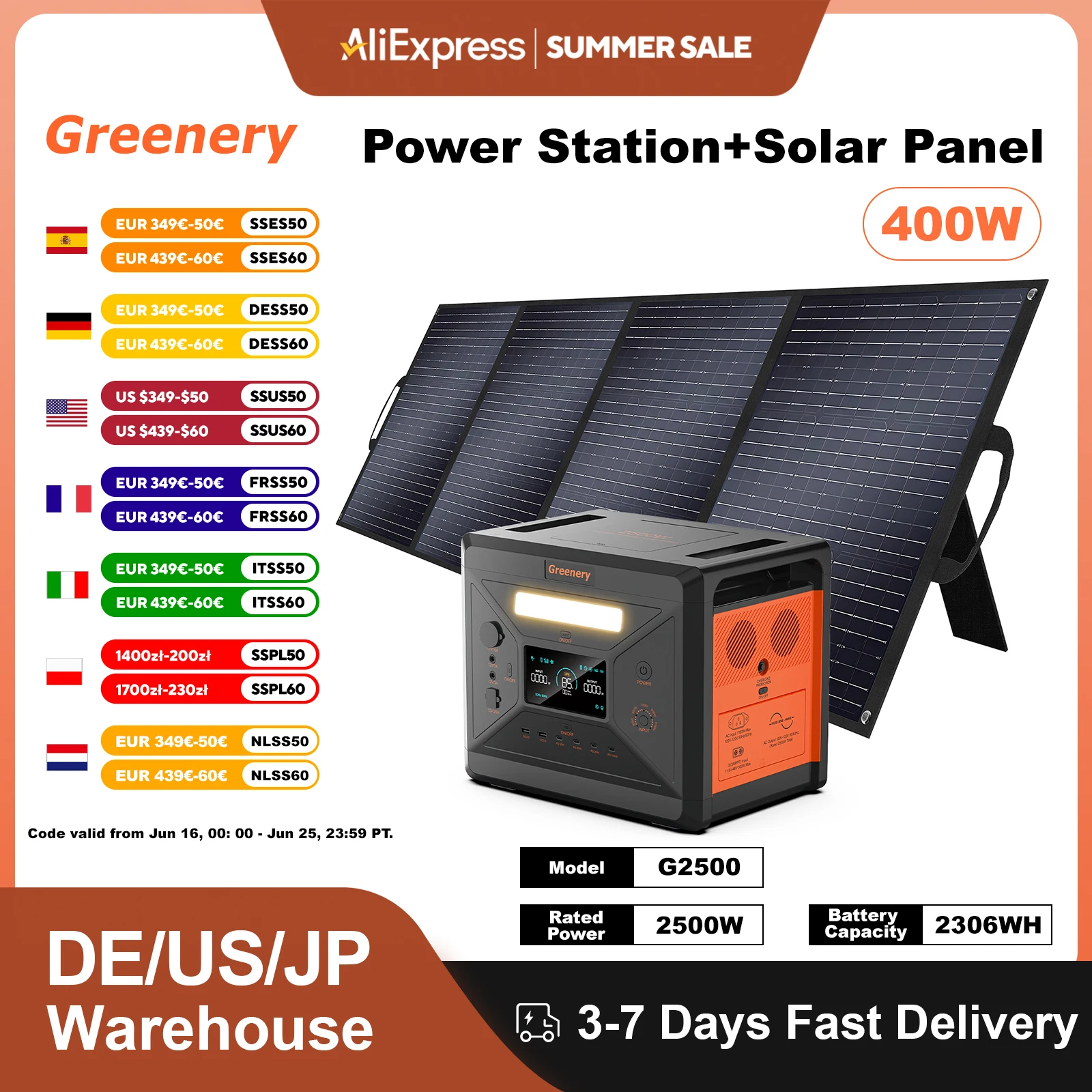 

Greenery G2500 Outdoor Generator 2400W MPPT Portable Power Station with 1/2 X 400W Folable Solar Panels Trolley For RV Camping