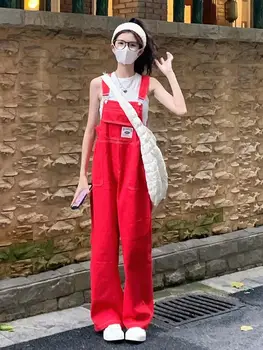 Tuta da donna Donna Red Jean moda coreana Salopette di jeans Jeans Casual Streetwear Strap Viola Tuta di jeans rossa vestiti y2k