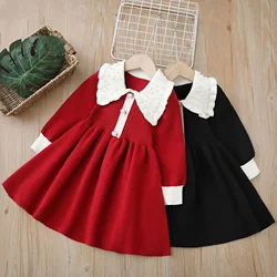 Girls Casual Dresses 2024 Christmas Collection Girls Woolen Dress Sweater Knitted Long Skirt Pearl Collar Sweet Princess Dress