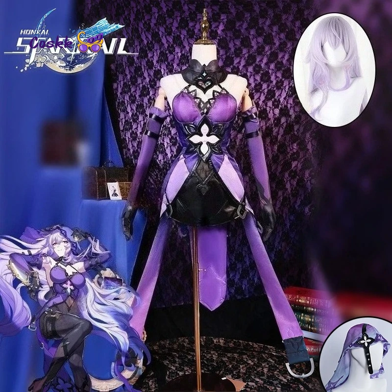 

Honkai Star Rail Black Swan Cosplay Costume Wig Purple Dress Uniform Headwear Garden of Recollection Halloween Party for Women