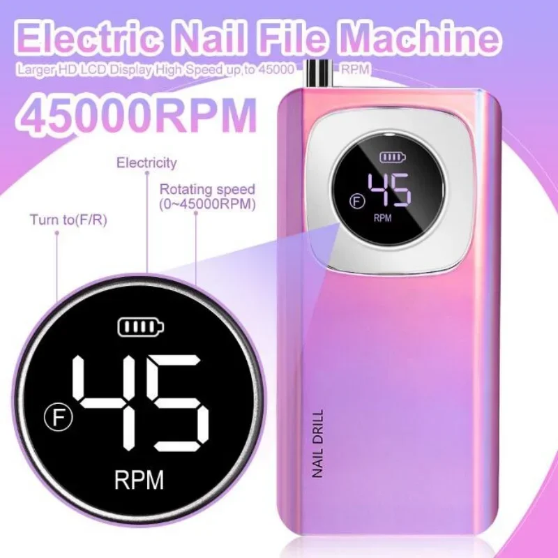 Profissional recarregável elétrica Nail Drill Machine, Portable Cordless Nail File, Acrílico Gel Nails Remover, Original 45000RPM