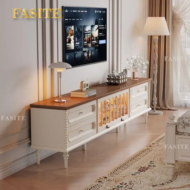 For French Style TV Cabinet Living Room Retro Cream Color Hidden Socket Storage Locker Integrated Home Furniture