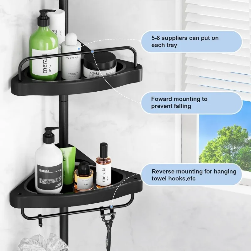 Corner Shower Caddy Tension Pole: 4 Tier Shampoo Storage Organizer for Inside - Telescoping Rod Rack Bathroom  and Restroom