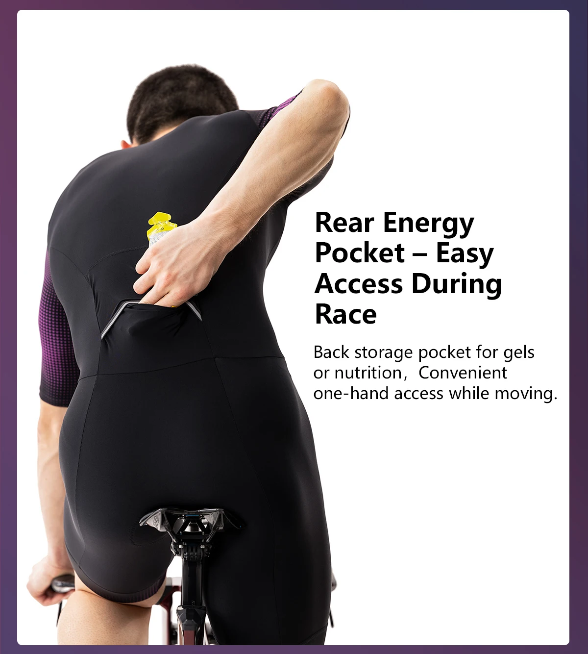 Triathlon-Anzüge für Herren Schnelltrocknend Leichtgewichtig Kurzärmelig Schwarz-Lila Einteilig für Radfahren Laufen Schwimmen TriSuit MY KILOMETRE – Detail 8