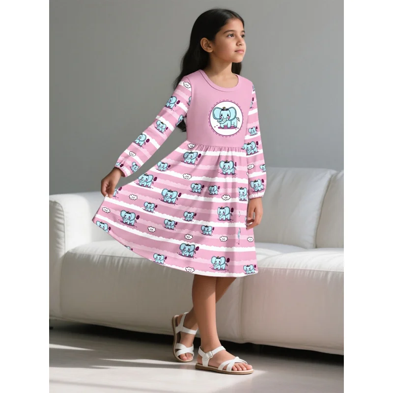

2025 Girls Pink Elephant Print, Casual Cute Print Long Sleeve Dress