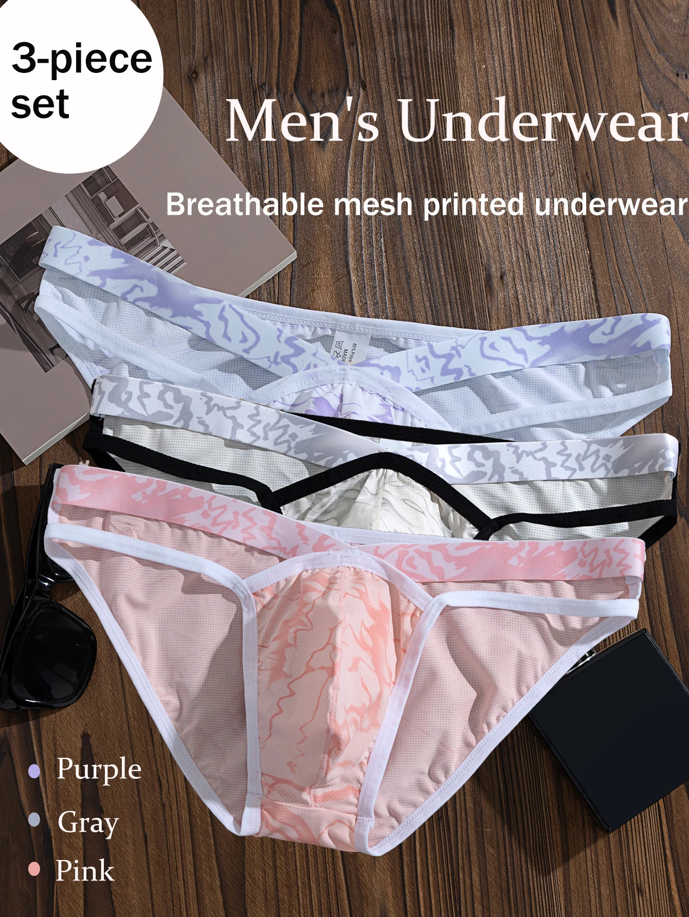 3-Piece Men's Underwear Pattern Printed Mesh Breathable Hollow Underwear Fashion Sexy Trendy Nylon Underwear