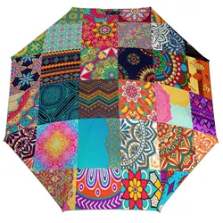 Parasol z afrykańskim nadrukiem Patchwork Kolorowy automatyczny parasol wiatroodporny Estetyczny design Kompaktowy parasol zewnętrzny