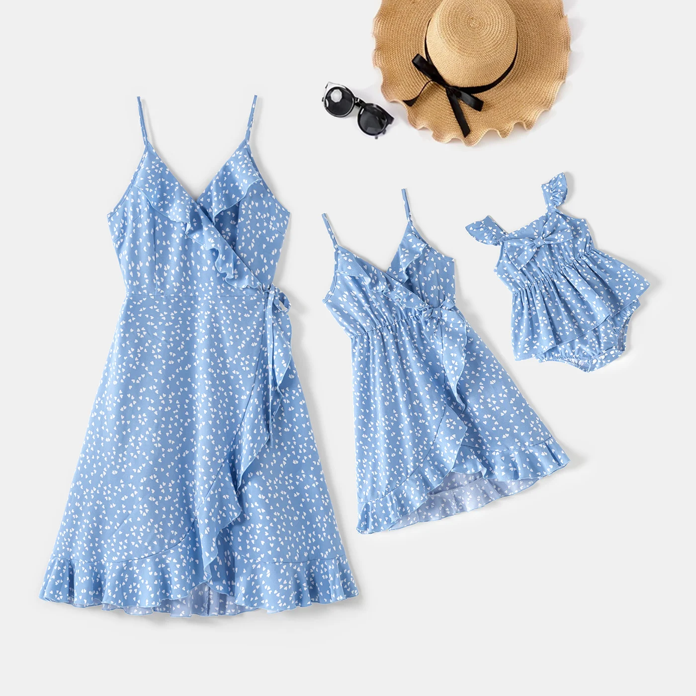 PatPat All Over Dots Print Blue Sleeveless Spaghetti Strap V Neck Ruffle Wrap Dress for Mom and Me