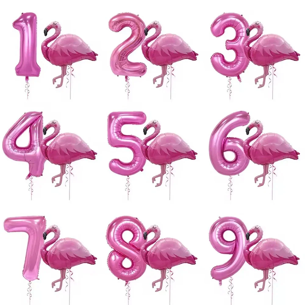 2pcs Hawaiian Flamingo Theme Balloon Birthday Party Decor 32inch Rose Red Number 0-9foil BallGirl Birthday Baby Shower Globos
