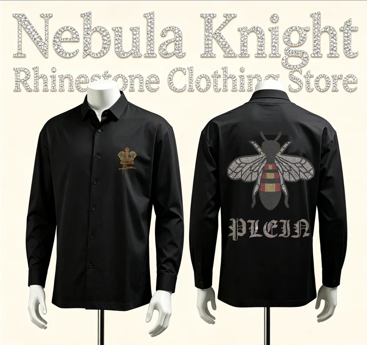 Luxury Mens New Black Button Down Shirt Rhinestone Skull Pattern Long Sleeve Slim Fit High Street Daily Casual Tops