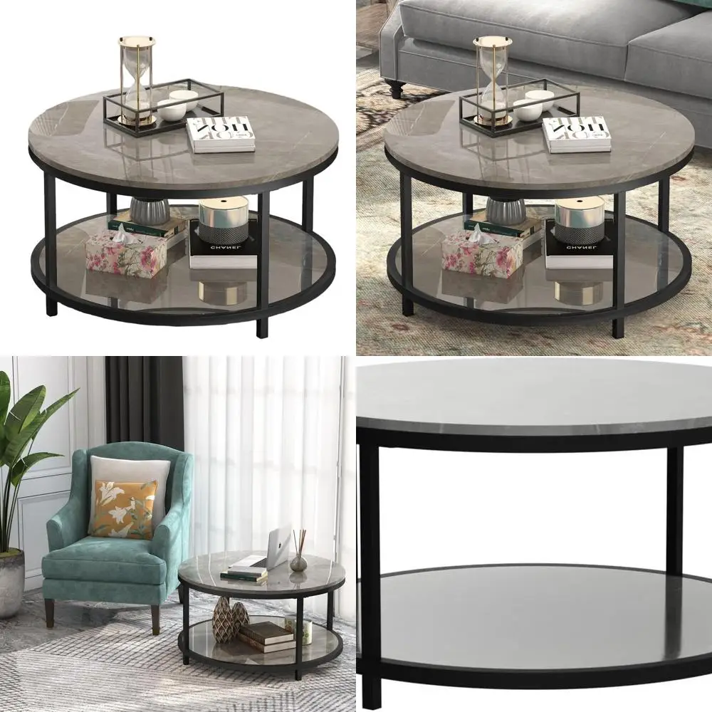 

Modern Circle Coffee Table with Faux Marble Top, Black Metal Frame, and Storage Shelf for Living Room