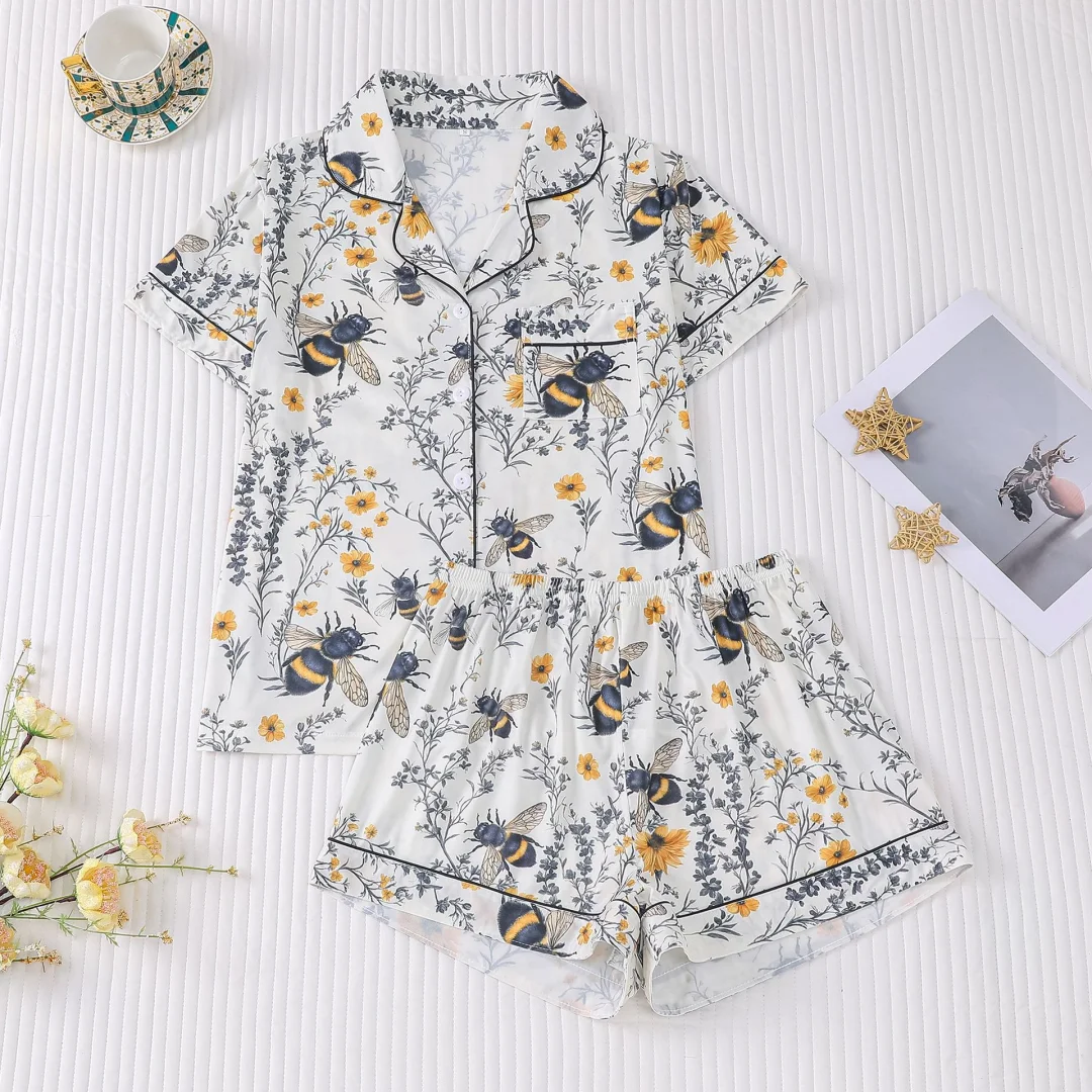 

Женская пижама бежевого цвета с принтом пчел, короткие рукава и шорты, комплект домашней одежды, одежда для отдыха, подарки на День святого Валентина