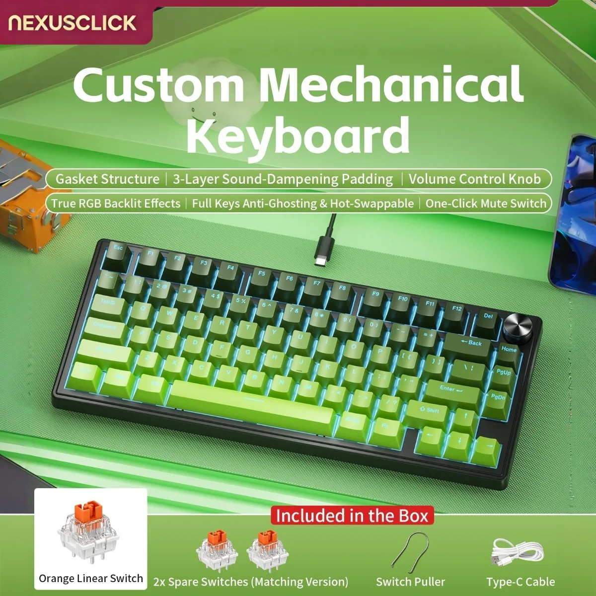 NEXUSCLICK K80 80% Layout Mechanical Keyboard,Ergonomics RGB Backlight Volume Control Knob Hot Swap Wired Gaming Office Keyboard