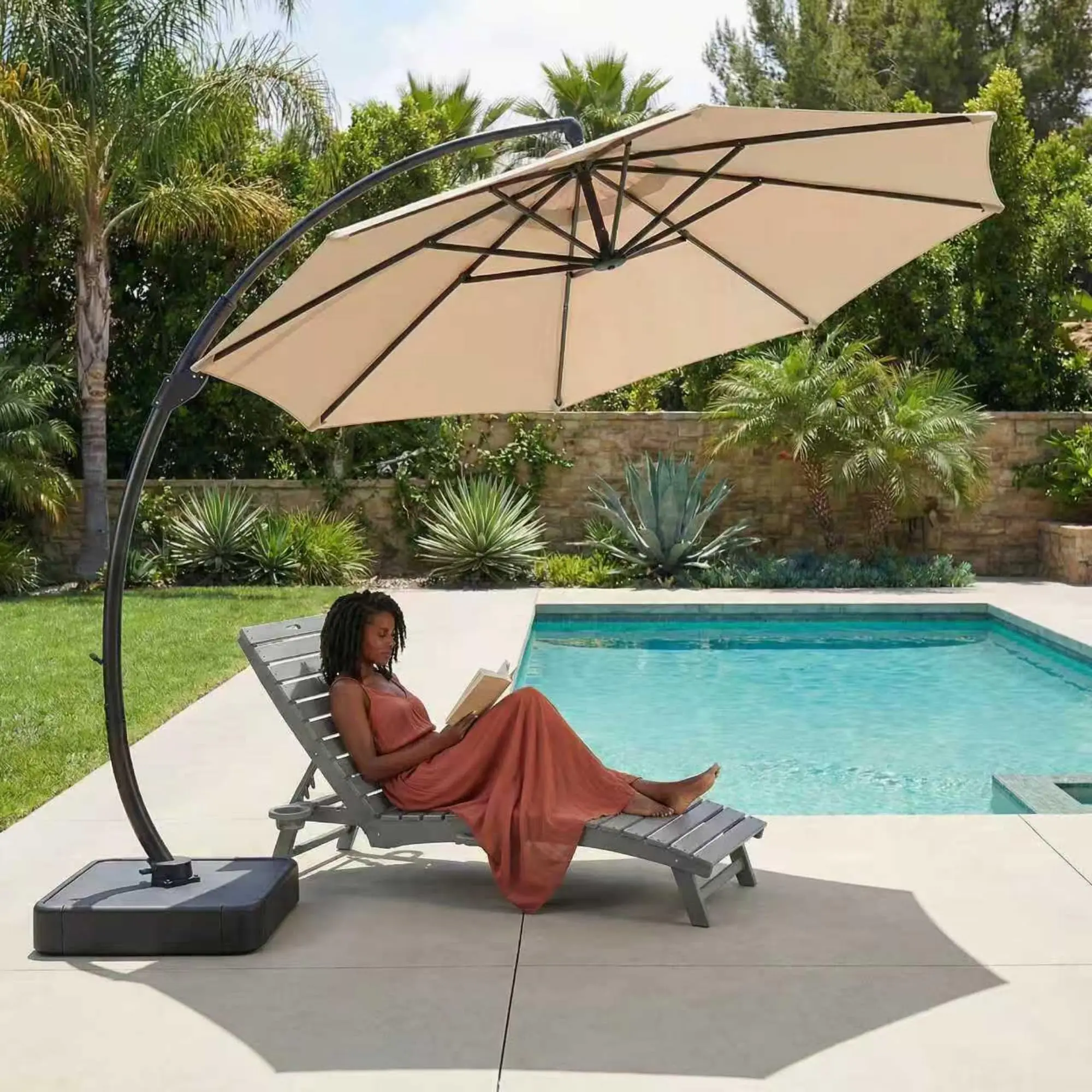 11ft Offset Cantilever Patio Umbrella with Base Included, Large Round Aluminum Outdoor Umbrella, 360° Rotation &