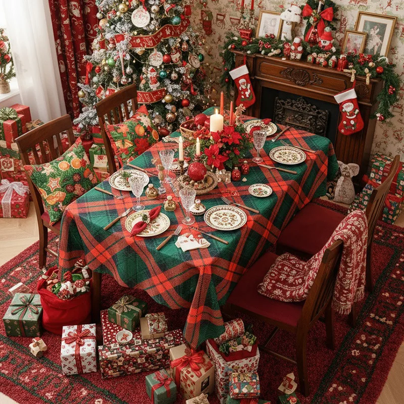 Christmas Plaid Rectangular Tablecloth Red and Green Atmosphere Decoration Table Pad Cross-Border New Year's Day Tablecloths