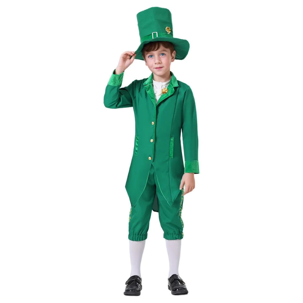 Disfraz de Leprechaun del día de Irlanda, traje de lujo verde para Halloween, actuación en grupo para niña y niño