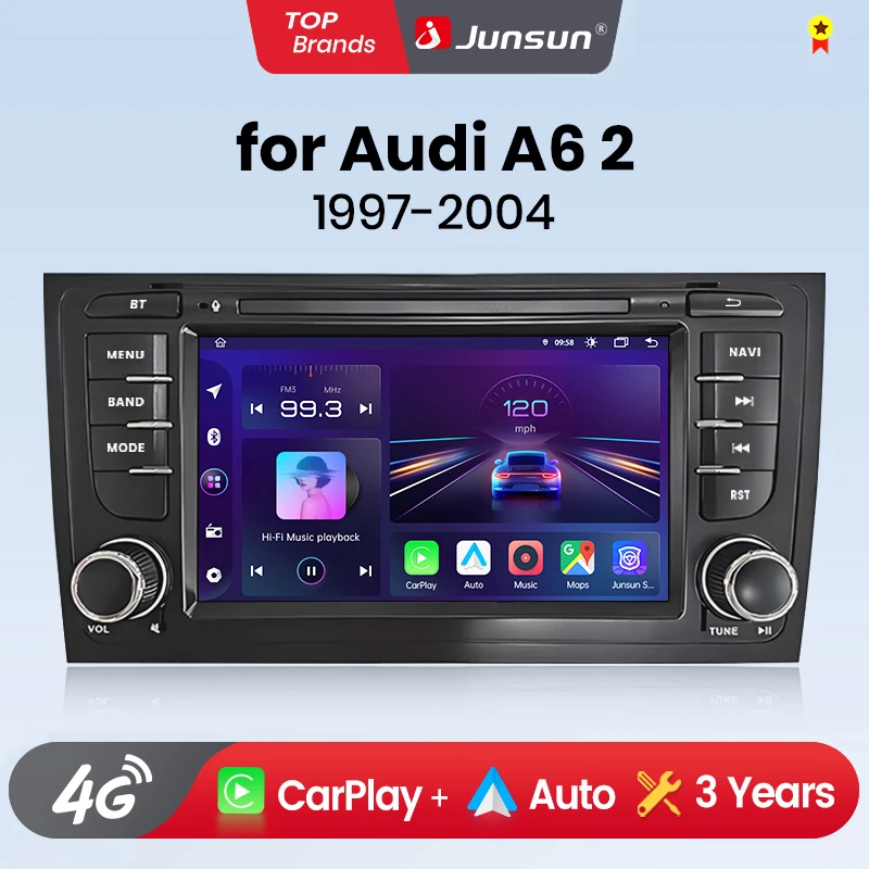 Junsun Kabelloses CarPlay für Apple Android Auto Autoradio für Audi A6 C5 1997-2004 S6 RS6 4G Auto-Multimedia GPS 2din Autoradio