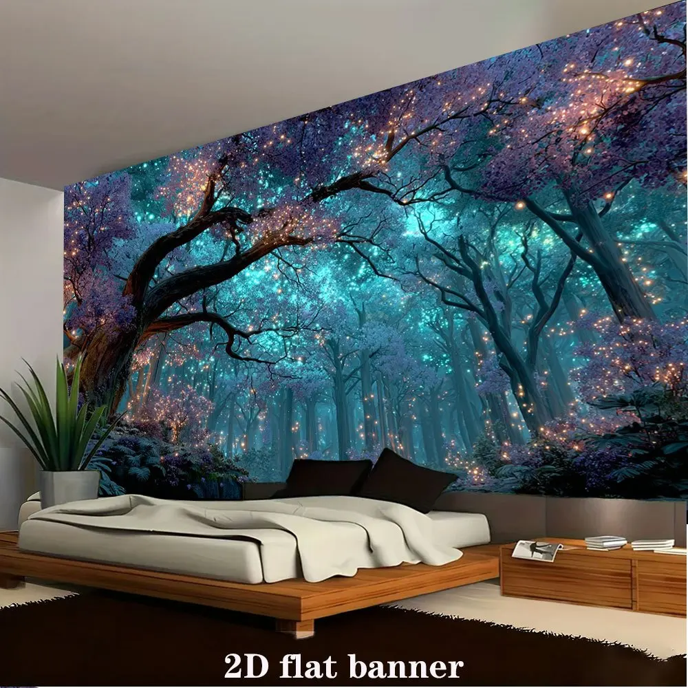 Magical Bioluminescence Forest Tapestry Wall Hanging Blue Glow Fantasy Nature Woodland Mural Room Decor Banner