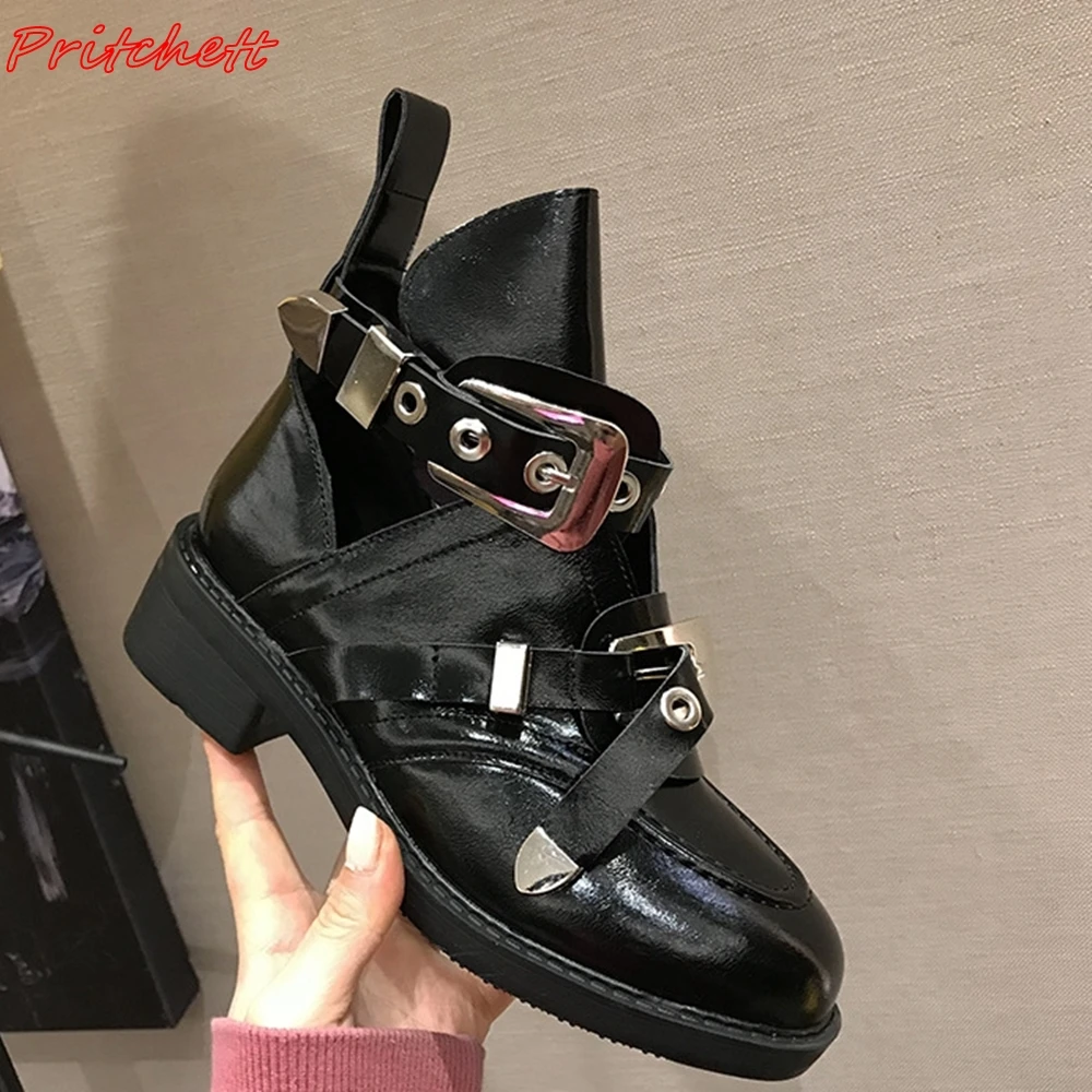 

Metal Buckle Hollow Women Boots Round Toe Black Chunky Heels Short Boots 2024 New Retro Classic All-match Cool Girl Fashion Boot