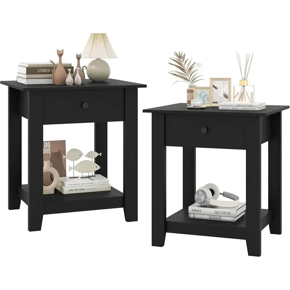 

2-Tier Wooden Storage Nightstand for Small Spaces, Bedroom, Dorm, or Living Room, Black