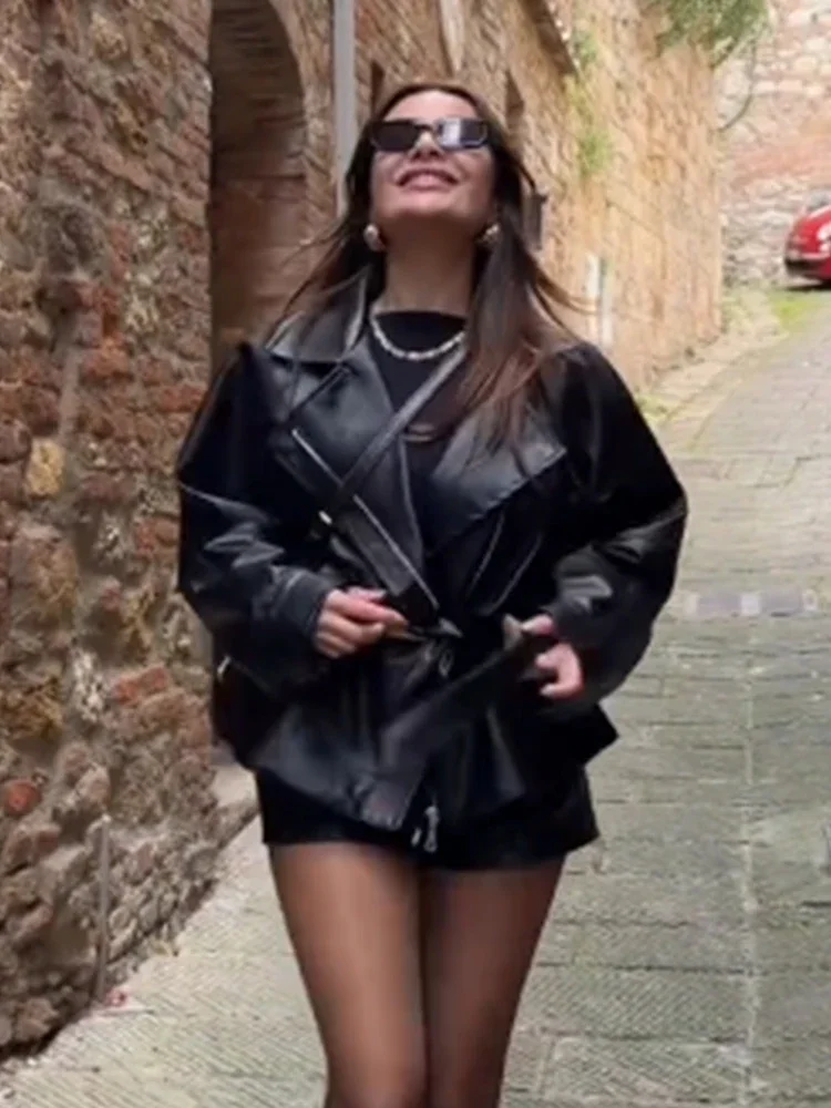 Retro Solid Lace Up Leather Short Jackets Women Chic Lapel V-neck Waist Cinching Cropped Jackets Lady Daily High Street Outwear