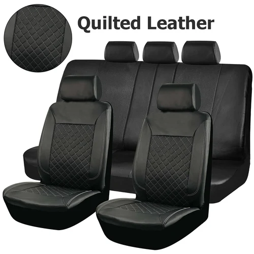 Imagen 2 del producto AUTO PLUS Fundas de asiento de coche de cuero PU con diseño de costuras acolchadas, universales, compatibles con Airbag, estilo de lujo dividido