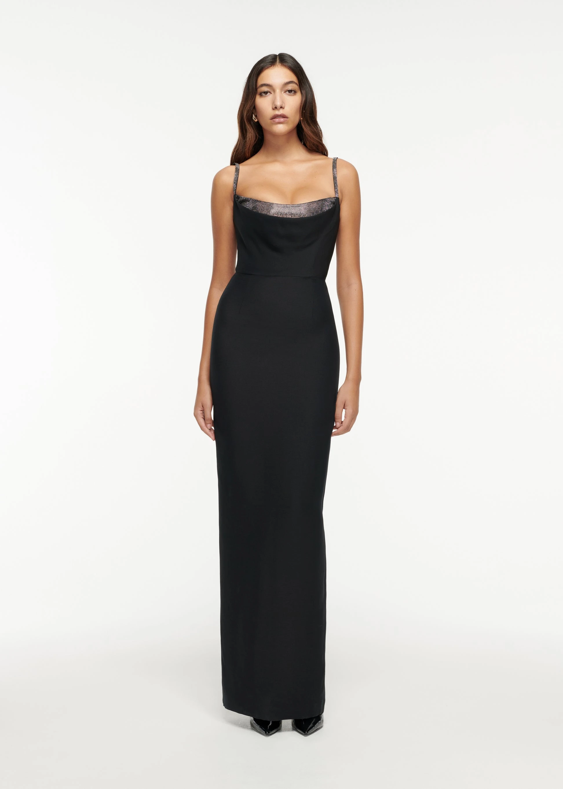 

Customized Modern Jersey Straight Spaghetti Straps Evening Dress Strapless Sleeveless Back Slit Floor Length Photo Color