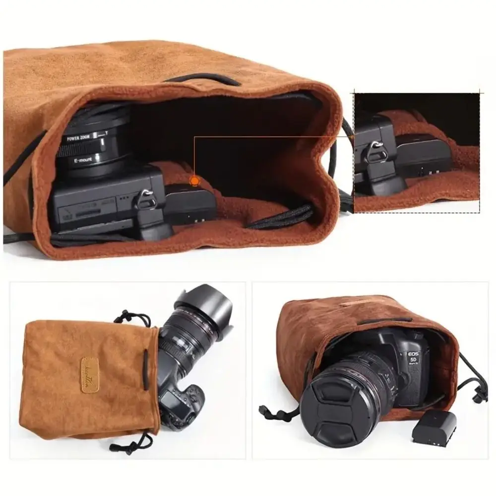 Soft Camera Storage Bag Portable Dustproof Lens Protective Case Adjustable Strap Polar Fleece Lining Lens Pouch