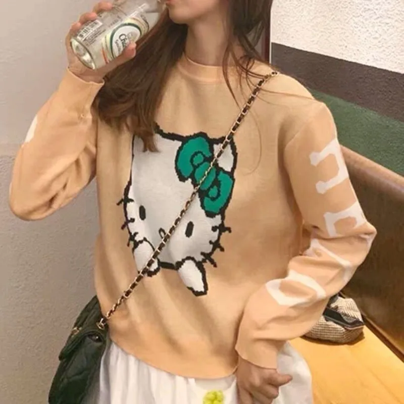 Sanrio Hello Kitty Long Sleeve Knitwear Fashion Crop Tops Women Sweater Slim Fit Korean Cartoon Round Neck Pullovers Y2k Clothes