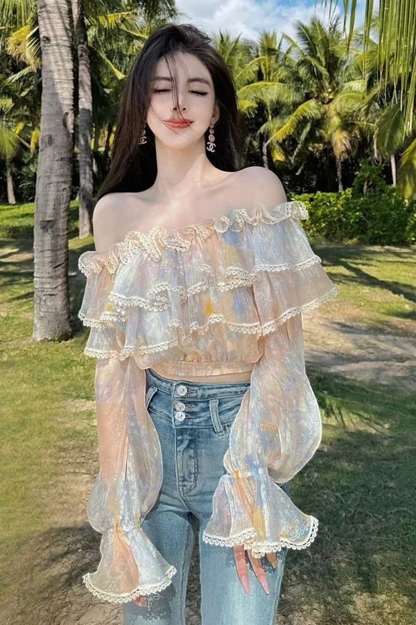 

​​French Ruffle Off Shoulder Top Summer 2025 Flowy Pastel Blouse Women's Chic Delicate Shirt​​