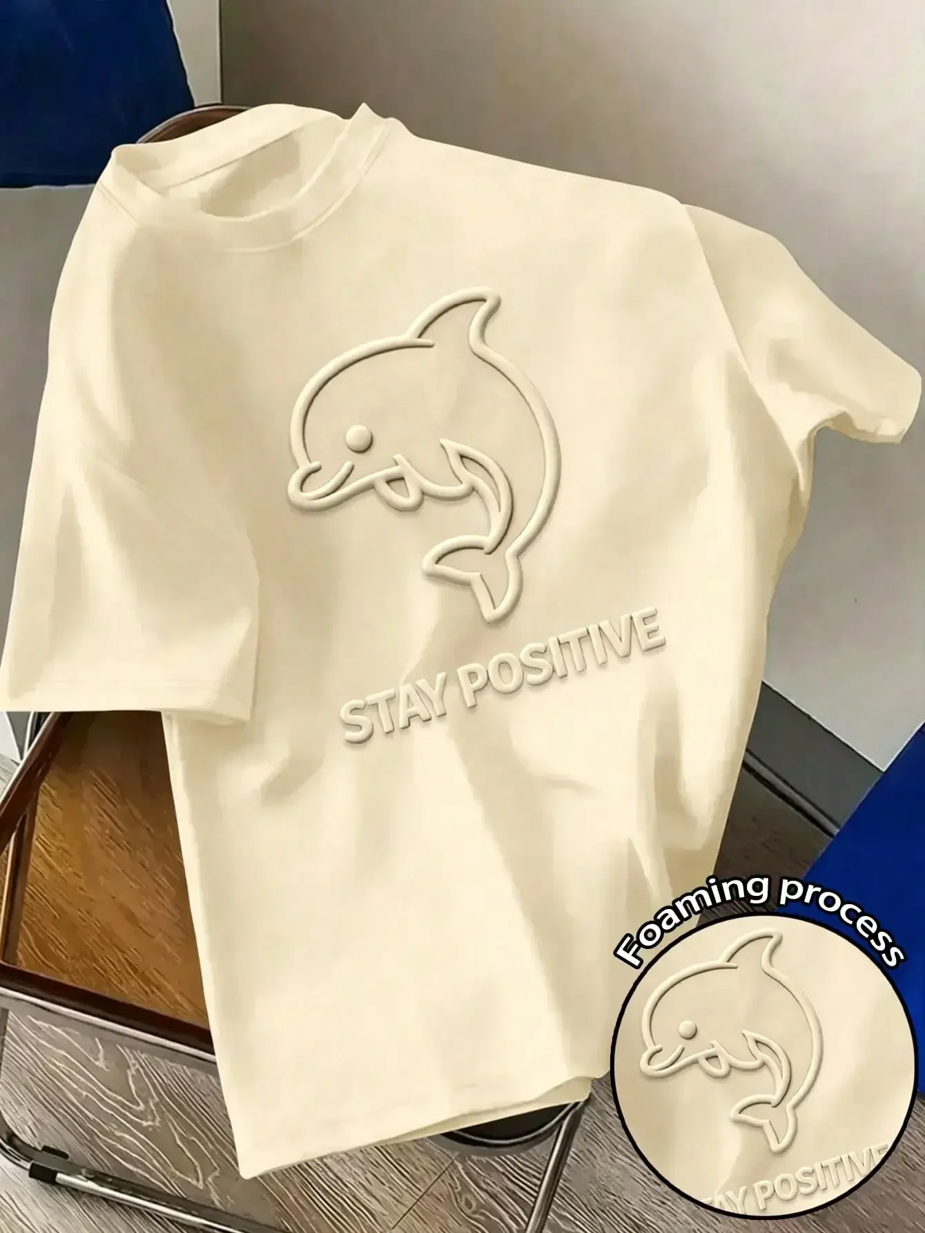 

Men's Standard Size Solid Color Round Neck Short Sleeve T-Shirt With Cute Dolphin Print, Summer