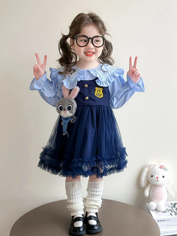 Girls' Bunny Officer Dress2025Spring and Autumn New Fashionable Children's Girl's College Style Mesh Princess Dress