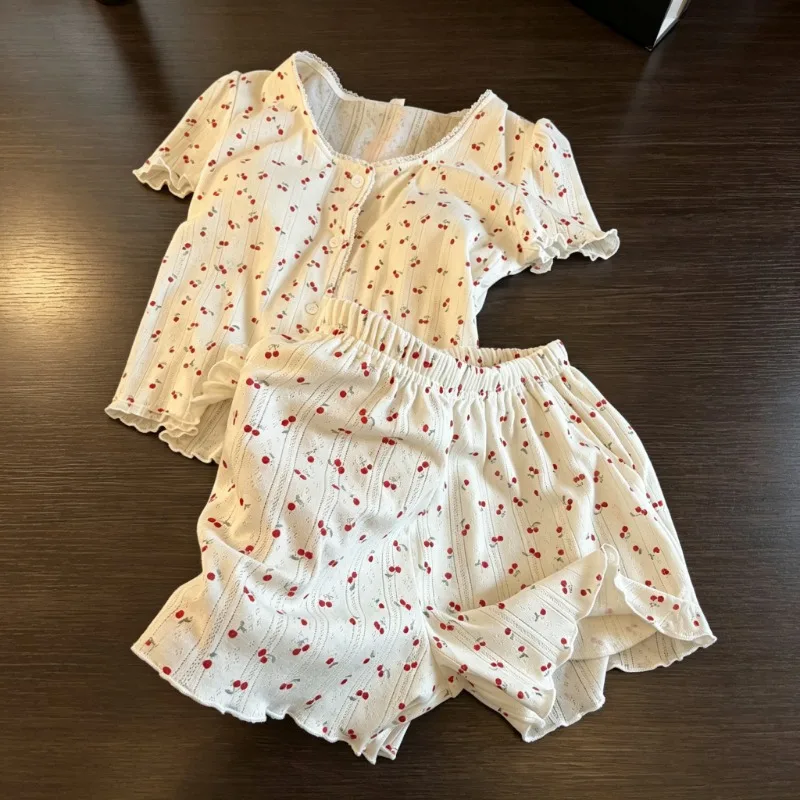 Cute Pajama Set Women Cherry Print Summer Lace Trim Ruffle Short Sleeve Pajamas Two Piece Suit New Casual Sleepwear Loungewear