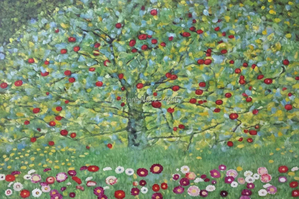 Hand Painted Oil Painting 'The Apple Tree' by Gustav Klimt Canvas Wall Art Reproduction Famous Artwork Decor