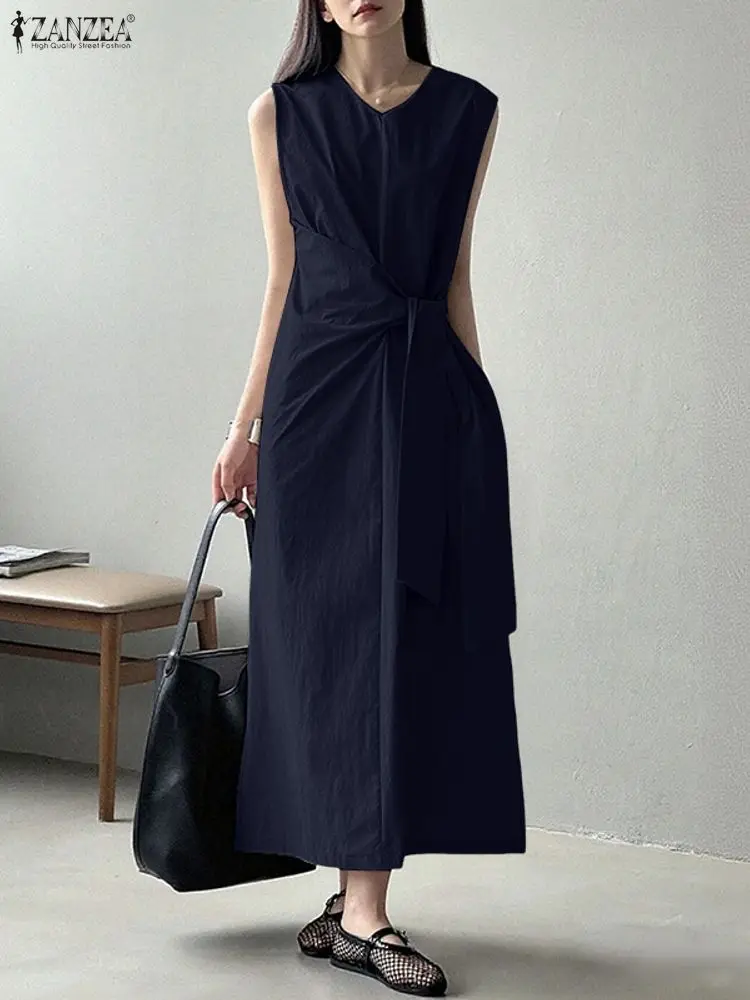 ZANZEA Elegante Vestito Estivo Lungo Delle Donne Senza Maniche Pieghettato Fasciatura Maxi Abiti 2025 Moda Estate Vintage Solido Casual Party Robe