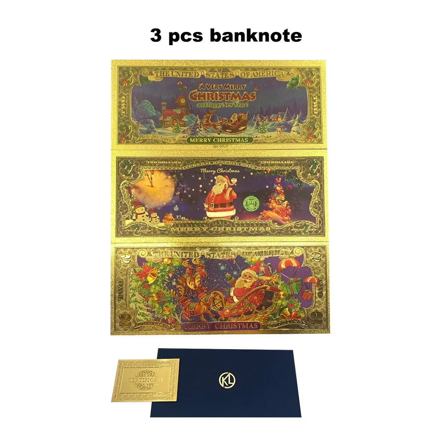 

3 designs Merry Christmas Metal Gold Foil Banknotes Colorful USD 2 Dollar Golden Banknote Business Promotion Gift