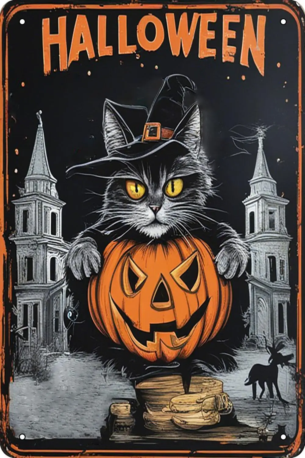 Metallschilder „Happy Halloween“ mit Katze im Hexenhut und Kürbis, Vintage-Blechschild, Wanddekoration für Zuhause und Geisterhaus