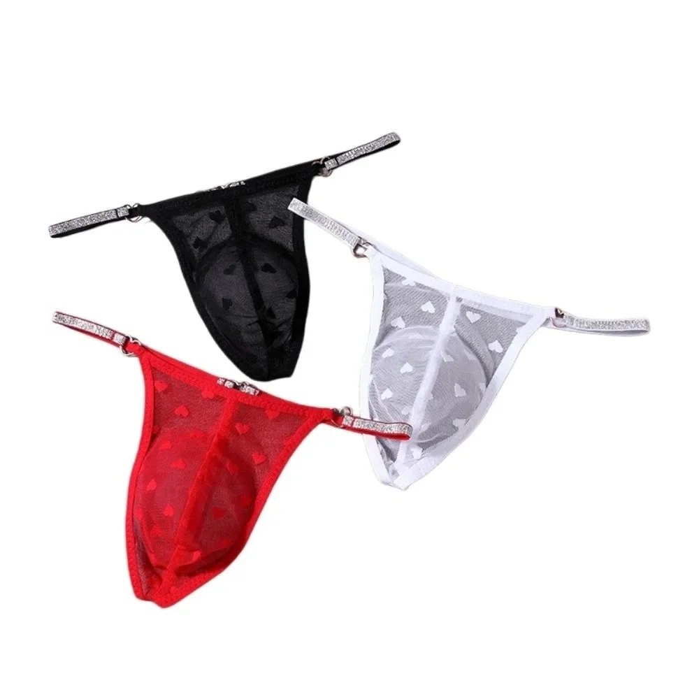 Thin Mesh Men Hollow Thongs Low Waist Love Heart Print Male Transparent Briefs Bulge Pouch Lingerie Men's Sheer Panties